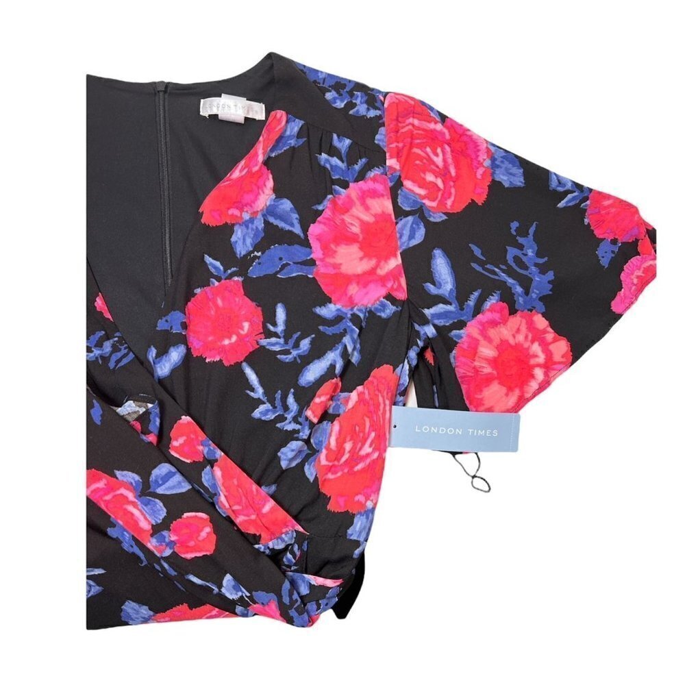 London Times Womens Black Floral Short Sleeve Faux Wrap Midi Dress Sz 10 New - Picture 3 of 6